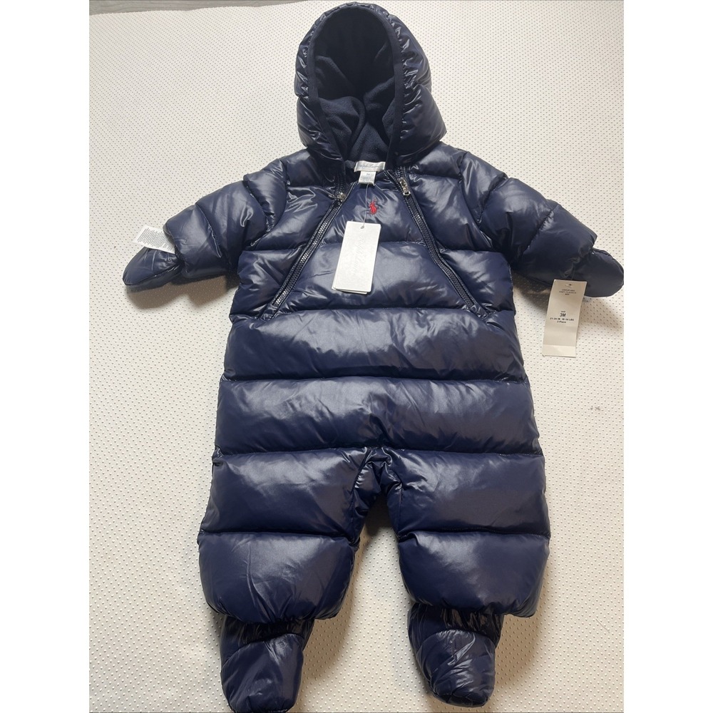NWT Ralph Lauren Baby Puffer Winter Down Snowsuit Size 3M Color Blue $195‎